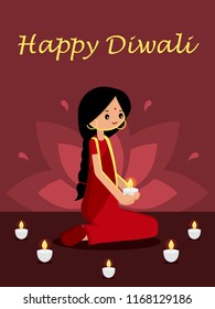 Happy Diwali. Indian Deepavali Hindu festival of lights. Woman holding a candle in her hands. Flat design vector illustration.