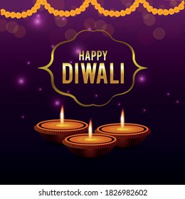 Happy Diwali Indian Deepavali Hindu festival of lights greeting card template design and oil lamp. Purple color on yellow background