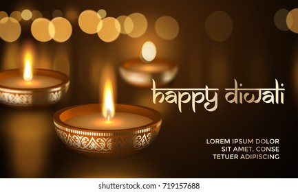 Happy Diwali Indian Deepavali Hindu festival of lights holiday greeting card template. Vector gold candle light flame in golden blur premium effect background and traditional text lettering ornament