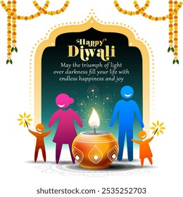 Feliz Diwali con la familia india celebrando Diwali y decorado el hogar con luces de fondo. Tarjeta de felicitación de vacaciones de Diwali, cartel, Anuncio, publicación en redes sociales, Ilustración vectorial de postal