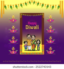 Feliz Diwali, pai da família indiana, mãe e filhos. Desejos Tradicionais. Vetor de Modelo de Saudações de Mídia Social