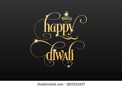 Happy Diwali, Indian festival celebration text typography. Happy diwali decorative text typography on black background with glow light effect.