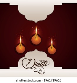 Happy diwali indian festival celebration greeting card with creative vector diwali diya