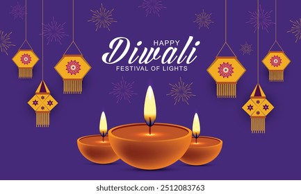 Feliz Diwali Indian festival celebração fundo com lanterna pendurada e lâmpada Diya