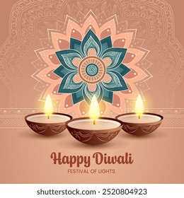 Feliz Diwali Indian Festival Celebração fundo com Diyas e mandala Template