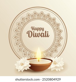 Fondo feliz de la celebración del festival indio de Diwali con diyas y Plantilla de mandala