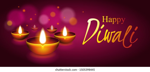 Happy Diwali (Indian festival of light) horizontal banner or holiday greeting card - colorful lamps on dark purple blurry background