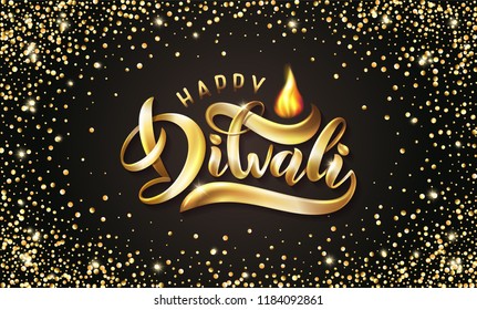 Happy Diwali Indian festival of lights holiday greeting card template. Vector Gold Holiday shiny Lettering text Diwali with abstract diya lamps and candle light flame. Premium luxury effect background