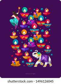 Happy Diwali. Indian festival of lights. Vector abstract flat illustration for the holiday, lights, elephant, Indian woman and other objects for background or poster.
 
