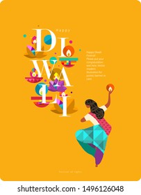 Happy Diwali. Indian festival of lights. Vector abstract flat illustration for the holiday, lights, elephant, Indian woman and other objects for background or poster.
 
