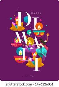 Happy Diwali. Indian festival of lights. Vector abstract flat illustration for the holiday, lights, elephant, Indian woman and other objects for background or poster.
