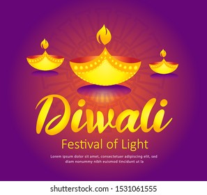 Happy Diwali. Indian festival of lights. Vector abstract flat illustration for the holiday, lights,  and objects for background or poster. 