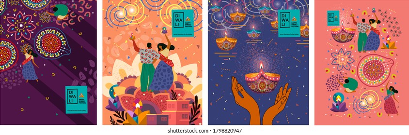 Happy Diwali. Indian festival of lights. Vector abstract flat illustration for the holiday, lights, hands,  Indian people, woman and other objects for background or poster.  
