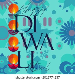 Happy Diwali. Indian festival of lights. Deepavali or Dipavali. Vector flat  illustration and lettering. Holiday background for branding, card, banner, cover, flyer or poster.