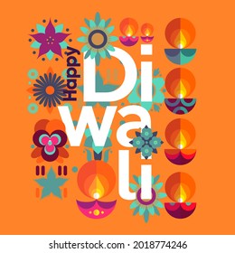 Happy Diwali. Indian festival of lights. Deepavali or Dipavali. Vector flat  illustration and lettering. Holiday background for branding, card, banner, cover, flyer or poster.