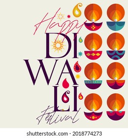 Happy Diwali. Indian festival of lights. Deepavali or Dipavali. Vector flat  illustration and lettering. Holiday background for branding, card, banner, cover, flyer or poster.