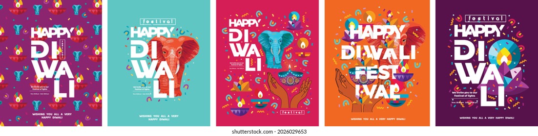 Happy Diwali. Indian festival of lights. Vector abstract flat illustration for the holiday, lights, elephant and other objects for background or poster.
