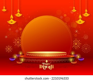 Happy Diwali. Indian festival of lights. 3D vector illustration of podium stage scene with Indian Diwali Diya oil lamp background or poster.
