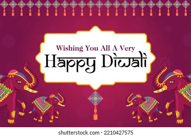 Happy Diwali. Indian festival of lights. Vector abstract flat illustration for the holiday, lights, Indian elephants and other objects for background or poster