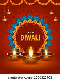 Happy Diwali indian festival of lights celebration with illuminated oil lamps, poster, flyer, greetings, invitation card