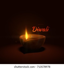 Happy Diwali. Indian festival of lights and fire. Vector hindu holiday illustration of oil lamp diya with flame and sparkles. Deepavali religion event.