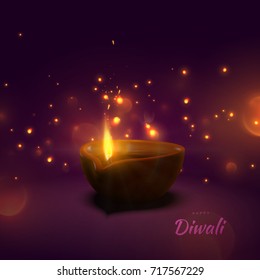 Happy Diwali. Indian festival of lights and fire. Vector hindu holiday illustration of oil lamp diya with flame, sparkles and blurred lights. Deepavali religion event.