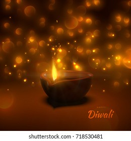 Happy Diwali. Indian festival of lights and fire. Vector hindu holiday illustration of wooden oil lamp diya with flame, sparkles and blurred lights. Deepavali religion event.