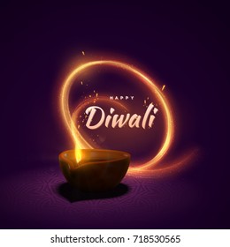 Happy Diwali. Indian festival of lights and fire. Vector hindu holiday illustration of wood oil lamp diya with flame and sparkles fire light stroke and mandala pattern. Deepavali religion event.