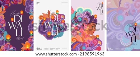 Happy Diwali. Indian festival of lights. Vector Indian ornaments and patterns. Girl's face. 