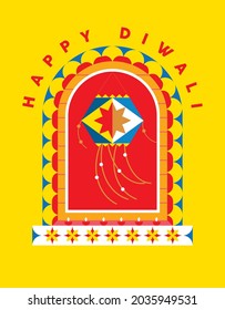 Happy Diwali. Indian festival. Vector abstract flat illustration for Deepawali, lights, akash kandil, background or graphic poster.