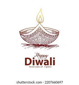 happy Diwali. Indian festivals of light with outline Diya. vector illustration design