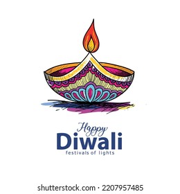 feliz Diwali. Festivales indios de luz con esquema de Diya. diseño de ilustración vectorial