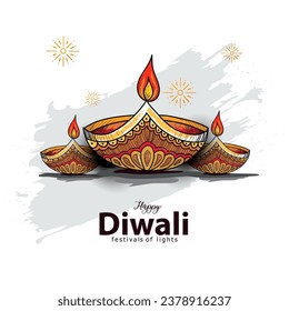 happy Diwali. Indian festivals of light with outline Diya. vector illustration design