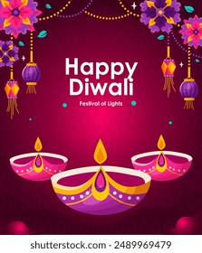 Felices Fiestas Indias de la Luz con Elementos Diwali. Vector