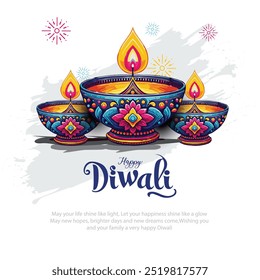 happy Diwali. Indian festivals of light with outline colorful Diya. abstract vector illustration design