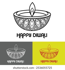 Happy diwali. Indian festivals of light with outline diya. Vector ilustration design. Perfect for asset colection, company logos, etc