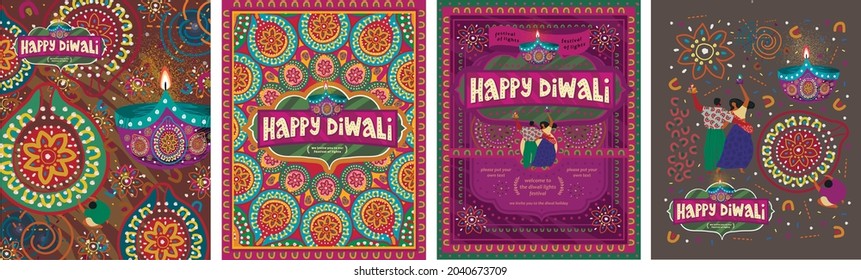 happy diwali. Indian holiday and festival of lights. Vector illustration of pattern, background, objects, ornament, dancing people for poster, postcard or flyer