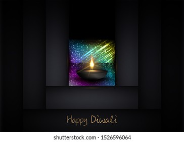 Happy Diwali Indian lights festival holiday greeting card template. Hindu Diwali Golden text ornament and candle light flame, colorful burning oil lamp, black geometric background vector night effect