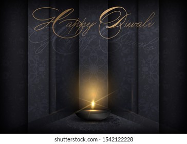Happy Diwali Indian lights festival holiday greeting card template. Hindu Diwali Golden text ornament and candle light flame, burning gold oil lamp, black geometric background vector night effect