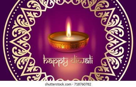 Happy Diwali Indian lights festival holiday traditional greeting card design of candle light flame lamp in golden bowl, Hindu ornament and Sanskrit text lettering on purple festive background