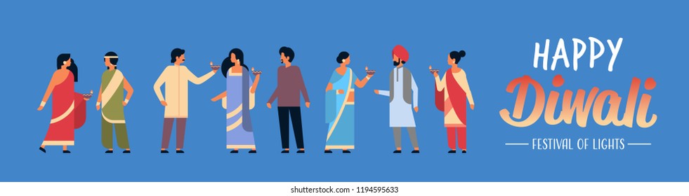 Happy Diwali Indian People Group Wearing National Traditional Clothes Holding Oil Lamp Hindu Man Woman Celebration Concept Cartoon Character Horizontal Flat Full Length Copy Space Vector Illustration.