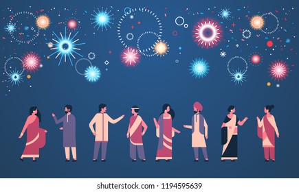 happy diwali indian people group wearing national traditional clothes hindu man woman celebration concept cartoon character full length fireworks background horizontal flat vector illustration