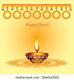 Happy Diwali Indian Toran of yellow and orange marigold flower and green mango leaves decoration with earthen lamp on orange design on yellow color background with English typography.