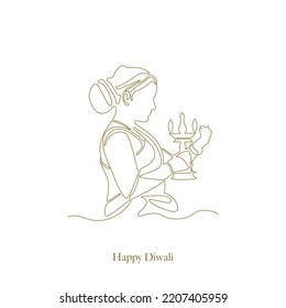 Happy Diwali Indian Woman With Diya Single Creative Line Drawing Vector