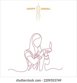 Happy Diwali Indian Woman With Diya Line Drawing Vector