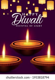 Happy diwali invitation greeting card with oil lamp and diya 