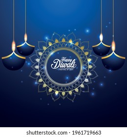 Happy diwali invitation greeting card with vector illustration on blue background