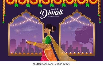 Happy Diwali ist die fröhliche Feier des Hindu Festival der Lichter, geprägt von lebhaften Lampen, festlichen Zusammenkünften und dem Triumph des Lichts über die Dunkelheit.