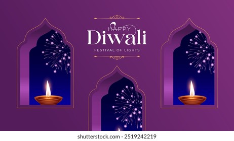 El feliz Diwali es la alegre celebración del Festival Hindú de las Luces. Anuncio del Festival de las Luces de Diwali con la Ilustración vectorial Diya. Feliz Plantilla del Diwali Social Media Post.
