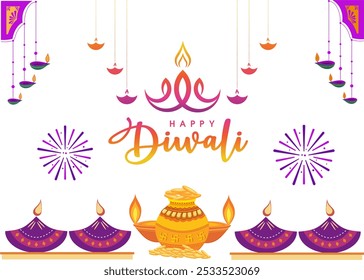 Diwali feliz con Kalash, Diya y Diyas colgantes gráficos, diseño festivo perfecto para celebrar el festival de luces y mejorar sus decoraciones